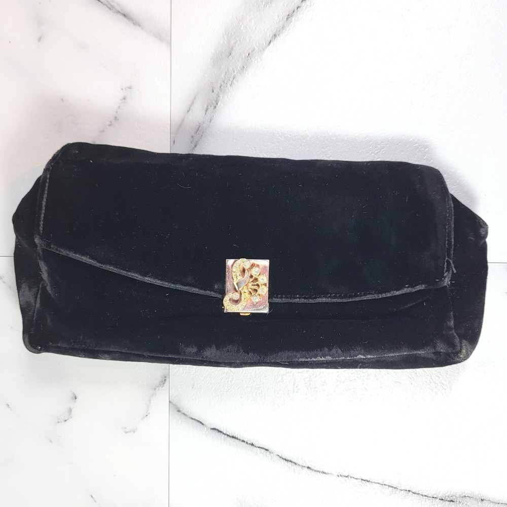 Vintage Garay Black Velvet Rhinestone Clasp Evening Clutch Hand Strap Formal